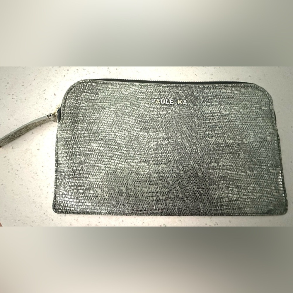 Paule Ka Leather Pouch Clutch Bag Green Gray Silver Zip Closure